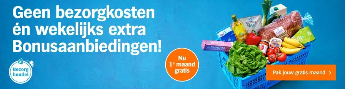 een volle krat met boodschappen van AH zonder bezorgkosten