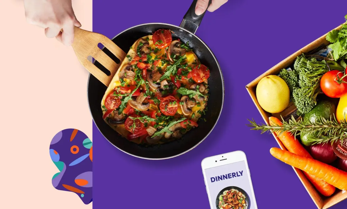 Dinnerly box, telefoon en pan met gerecht