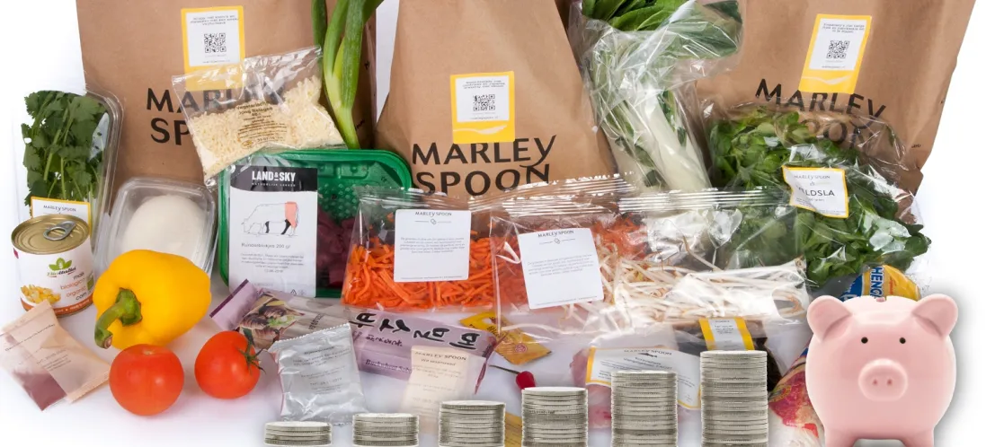 Marley Spoon maaltijdbox zakken met inhoud en munten voor korting