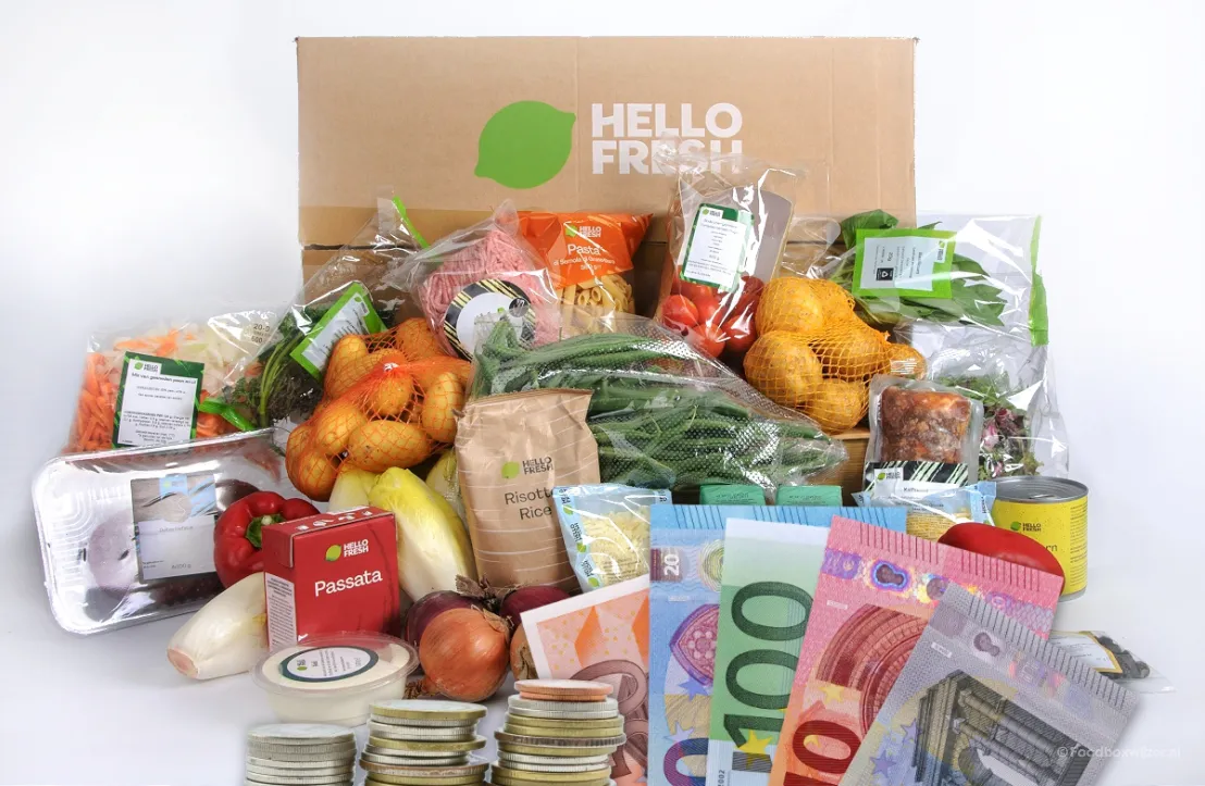 De HelloFresh maaltijdbox met ingrediënten en euro briefjes voor korting