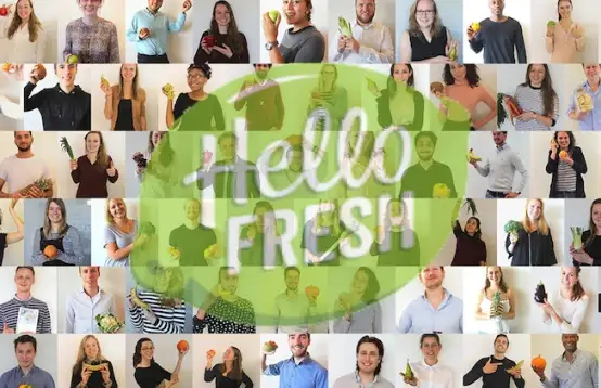 HelloFresh logo en mensen op de achtergrond die deze maaltijdbox populair vinden