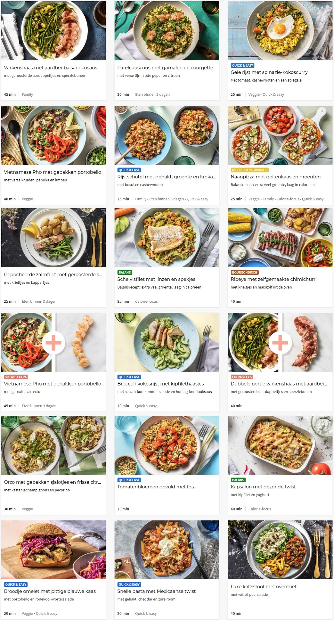 Een groot aantal gerechten van HelloFresh waaruit je kunt kiezen op hun website