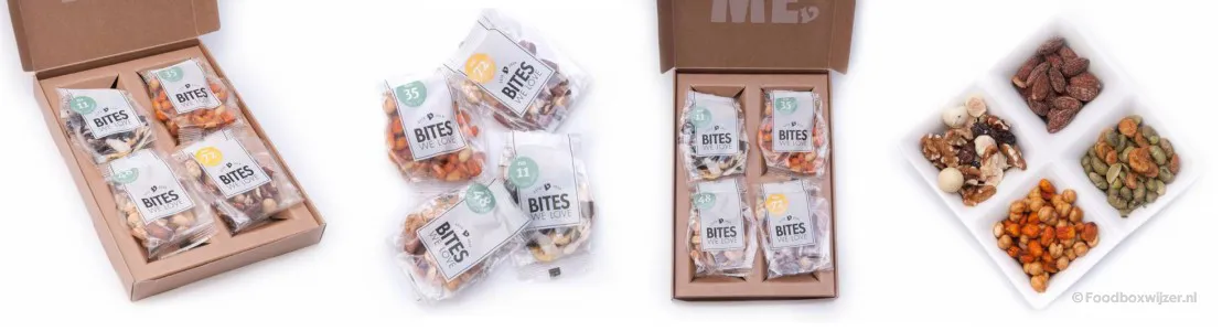 Bites We Love producten in doosje en schaaltje