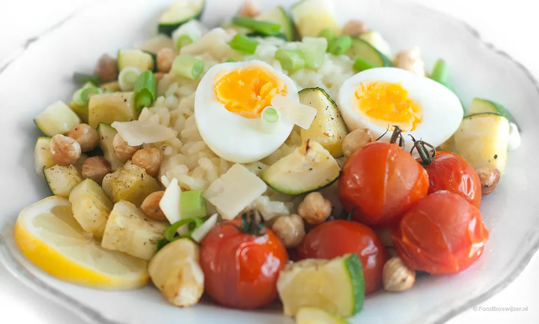 Het resultaat op ons bord een heerlijk gerecht van risotto met geroosterde groenten