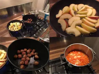 Het koken van het eerste gerecht in volle gang