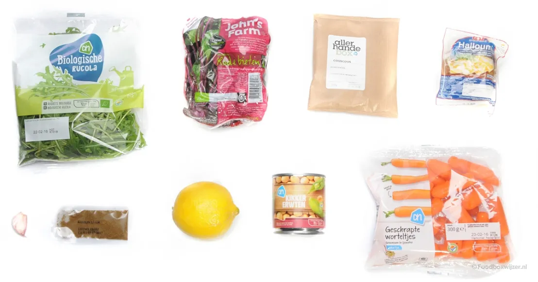 Alle benodigdheden voor de Gegrilde halloumi, zoals rucolahummus en couscous