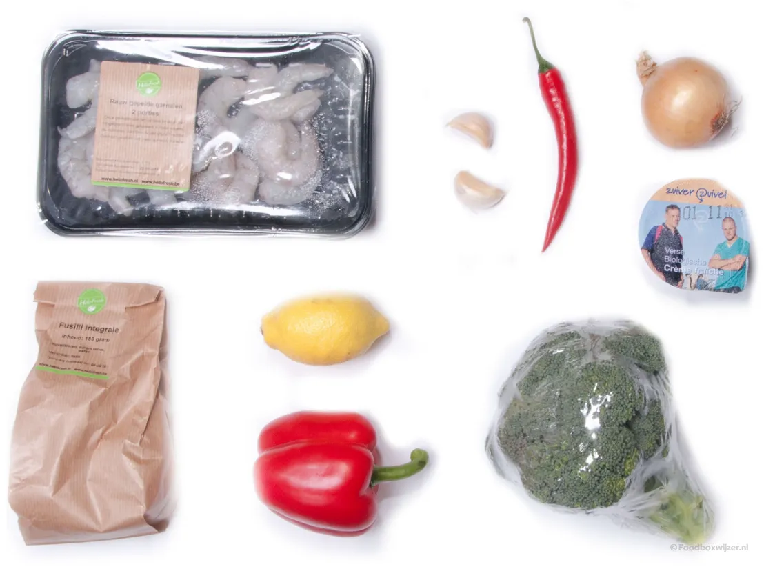 Alle ingrediënten voor de fusilli met reuzengarnalen