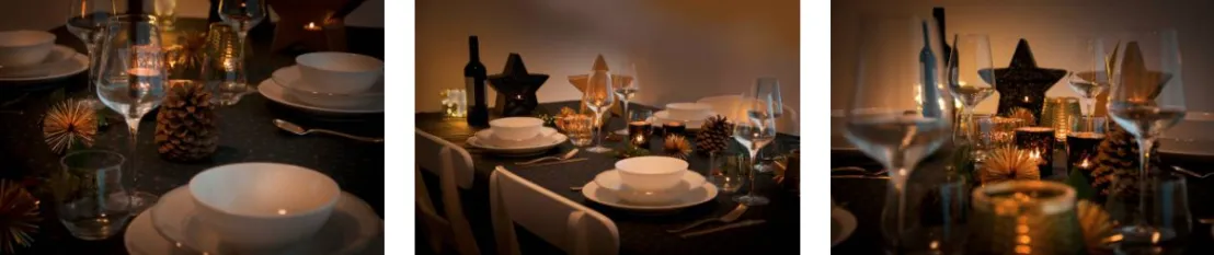 Collage van drie afbeeldingen van het kerstgerecht op tafel