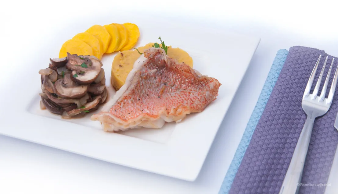 Ons kookresultaat de gebakken roodbaarsfilet met sweetdumpling-puree