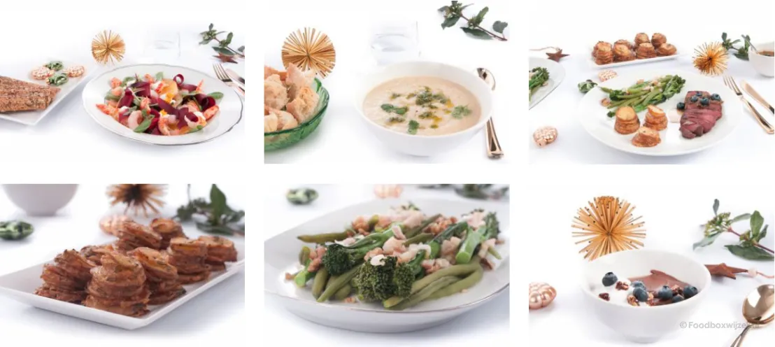 Een collage van zes foto's met gerechten uit deze kerstbox