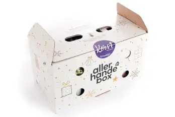 De doos waar de ingrediënten en de recepten voor het kerstmenu van Allerhande in verpakt zijn