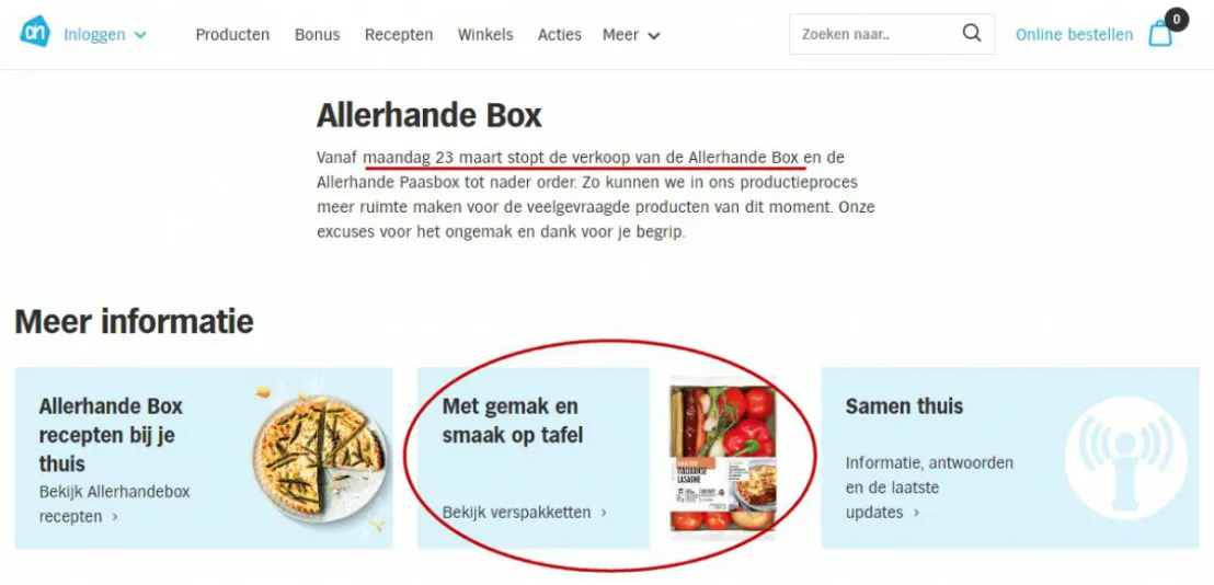 Screenshot AH website, Allerhande stopt met de maaltijdbox
