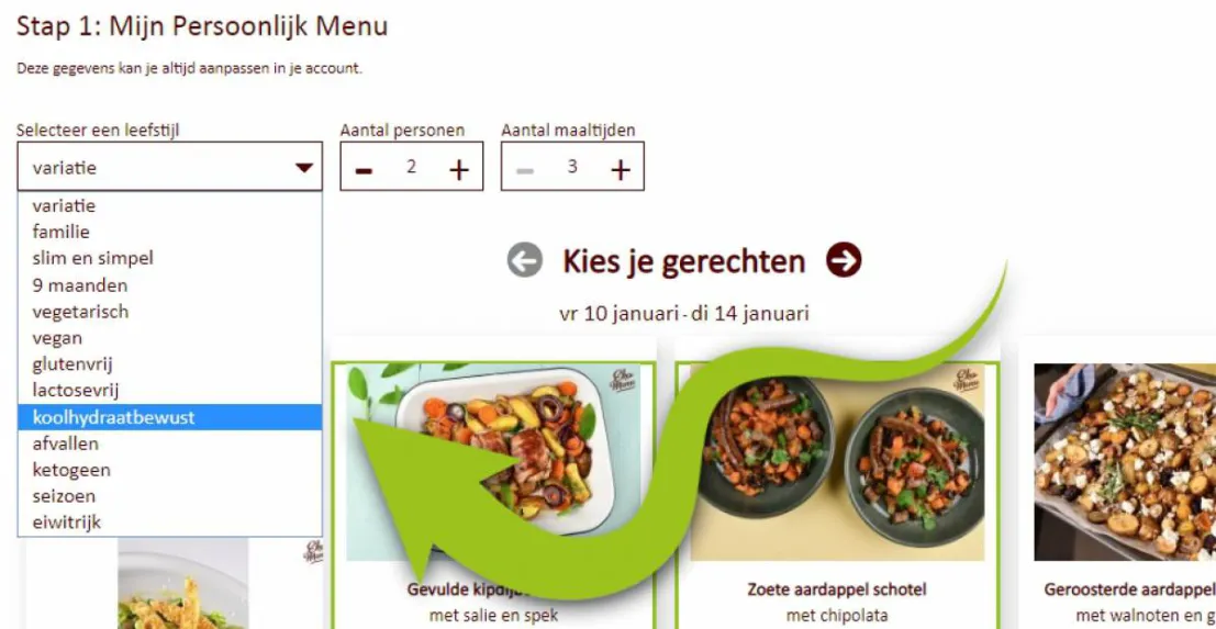 Website met persoonlijk menu kiezen bij Ekomenu