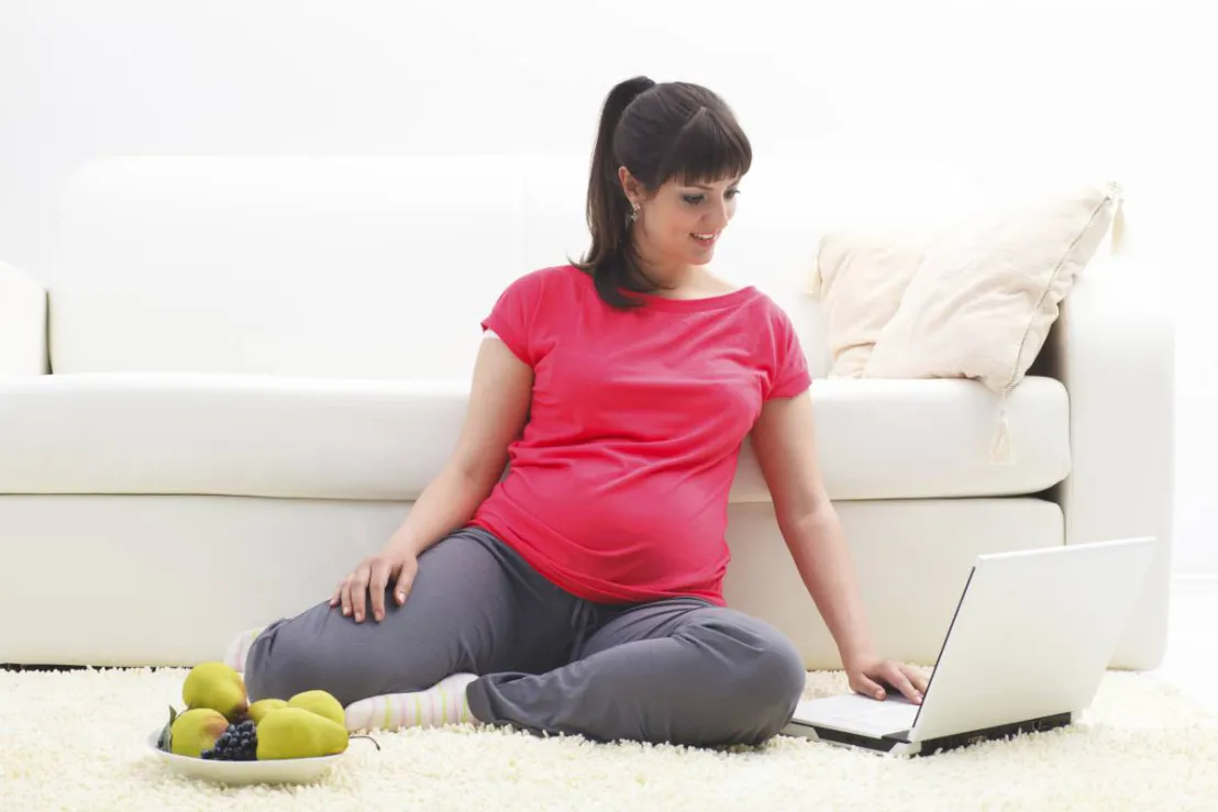 Zwangere dame kijkt aandachtig op haar laptop op een kleedje met fruit