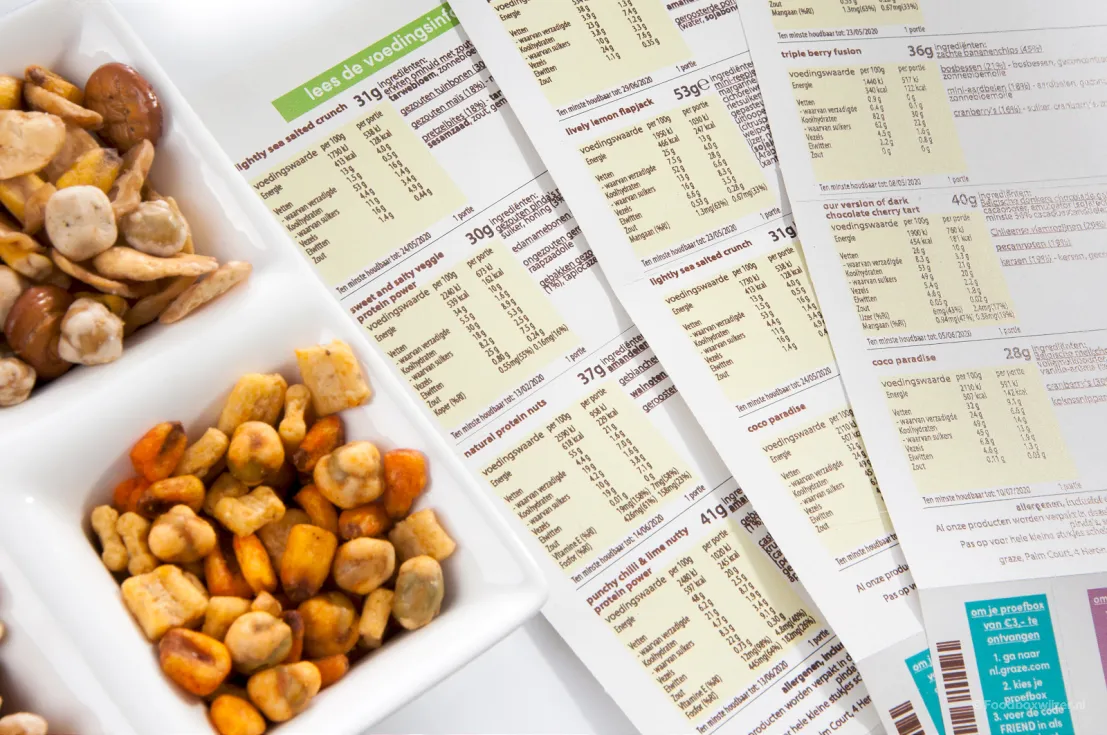 De informatie kaarten met alle voedingswaarden en ingrediënten