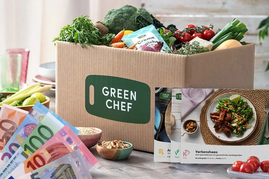 De Green Chef maaltijdbox met verse inhoud en euro briefjes voor de korting die je ontvangt
