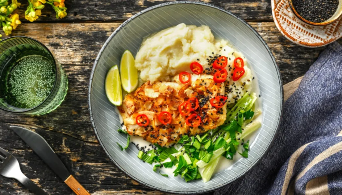 Een gerecht van Green Chef de kabeljauwfilet met kokoskorst