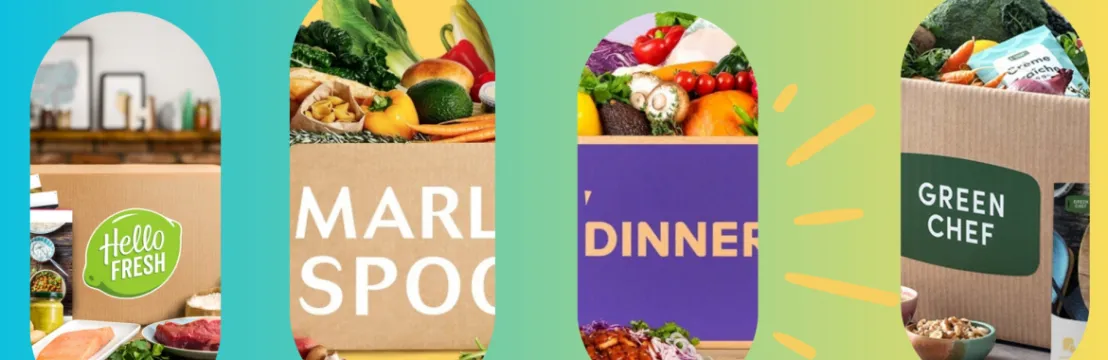 4 maaltijdboxen op een rij waarbij dinnerly extra in het zonnetje staat