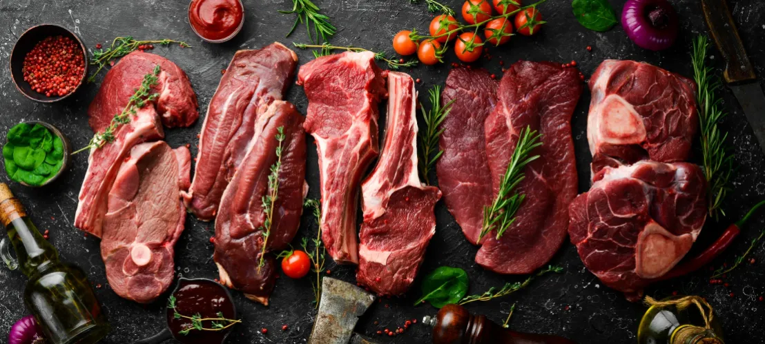Biologisch rauw vlees op een rij met kruiden, klaar voor bereiding
