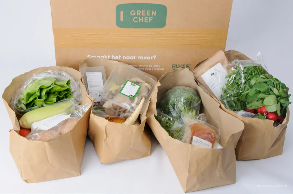 De zakken met alle ingrediënten voor de recepten van Green Chef waarbij elk gerecht apart is verpakt in een zak