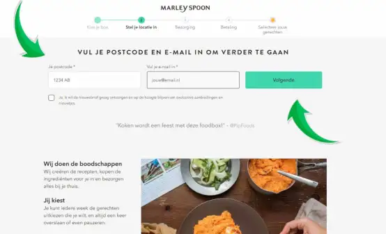 De tweede stap voor de Marley Spoon kortingscode op de website