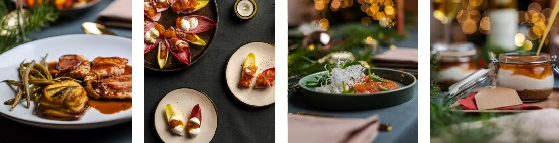 Culinaire gerechten geserveerd op een kersttafel met hulp uit de kerstbox van Boerschappen
