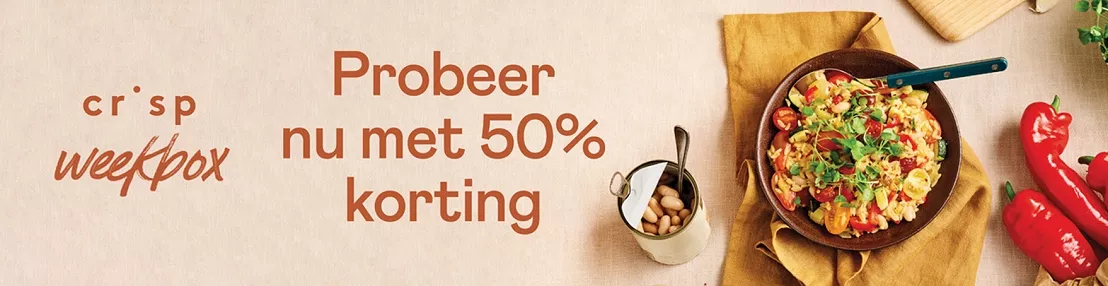 Crisp weekbox 50% korting, gerecht met bonen op tafel