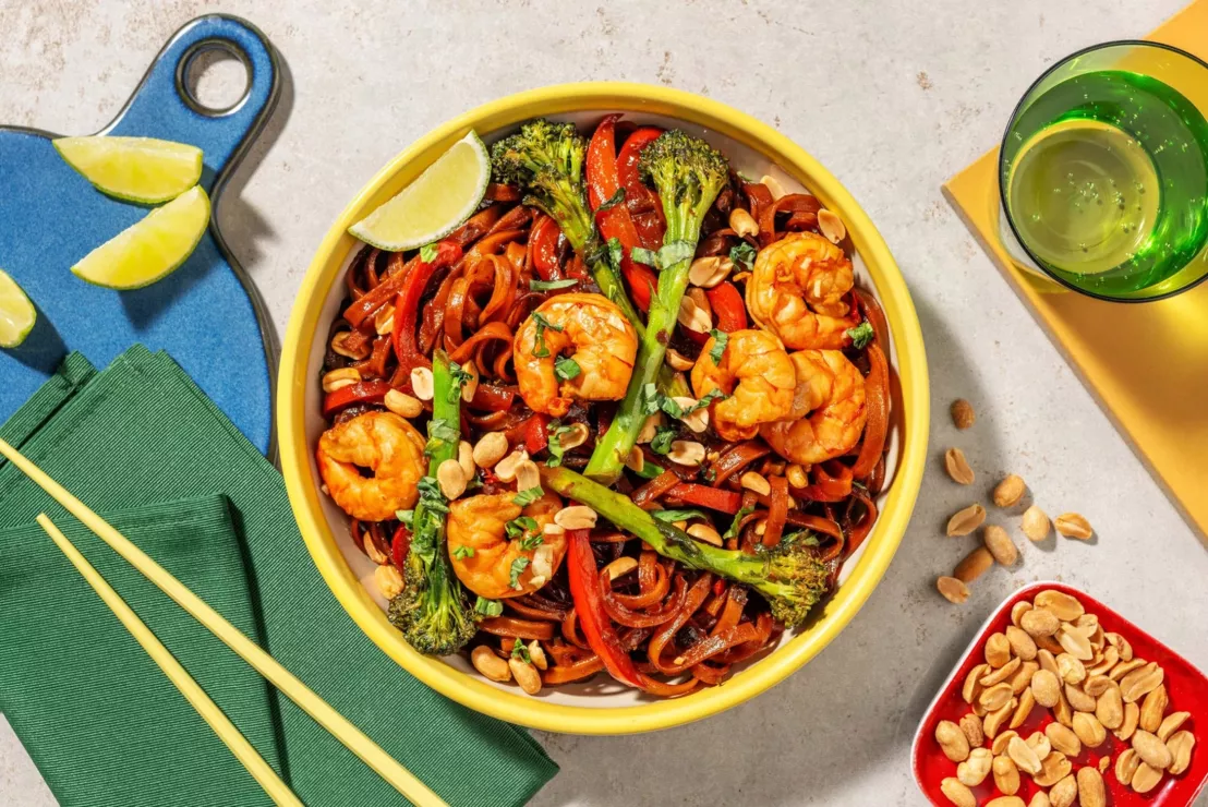 Hellofresh gerecht met grote garnalen, noedels en broccolini als verrassend en snel gerecht
