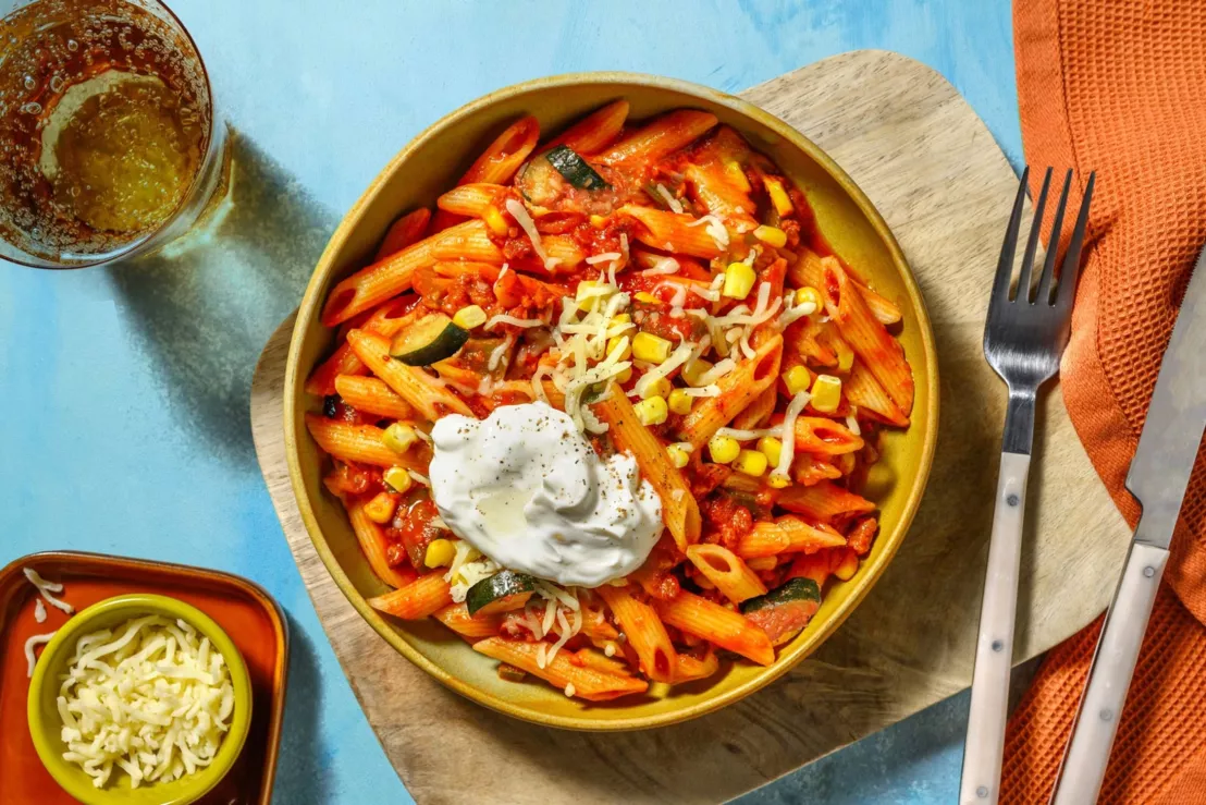 Hellofresh gerecht geserveerd op een diep bord met een snelle pasta met mexicaanse kruiden
