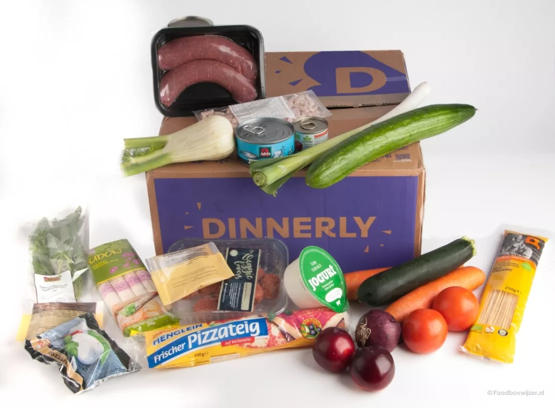 Een gevulde box van Dinnerly waarmee je snelle, simpele gerechten kon maken.