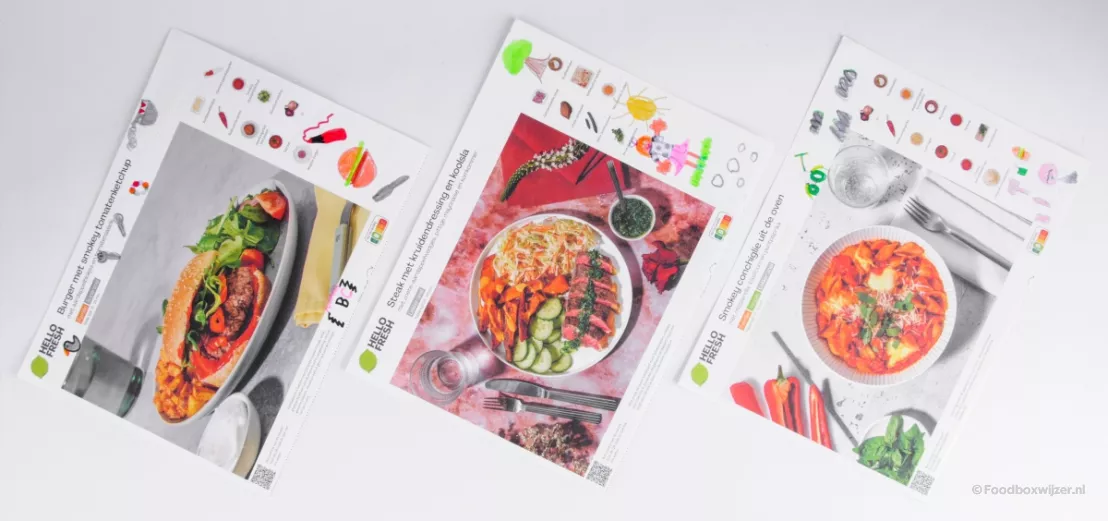 3 receptkaarten van hellofresh met het label 'familie' waardoor ze zeer geschikt zijn als gezinsmaaltijden