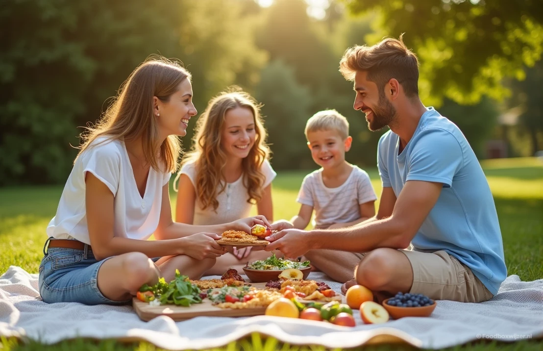 Een gezin is aan het picknicken in de natuur met verse gerechten en vers fruit