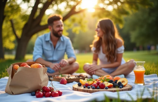 Stel is aan het picknicken met een gerecht van ekomenu en wat biologisch fruit erbij