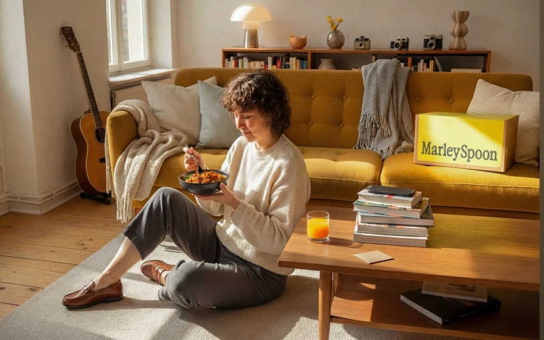 Vrouw zit relaxed op de grond met een maaltijd van Marley Spoon