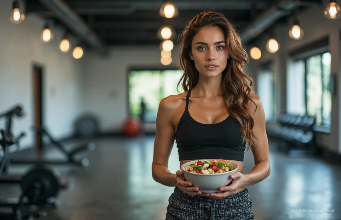 Fitness vrouw houdt een gezonde maaltijd vast nadat ze heeft gesport in de sportschool.