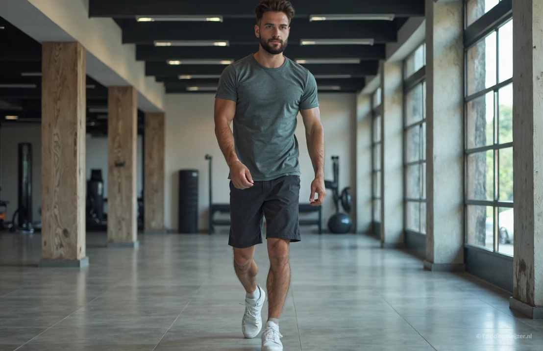 Man loopt in sportkleding in de sportschool om te starten met een hyrox training